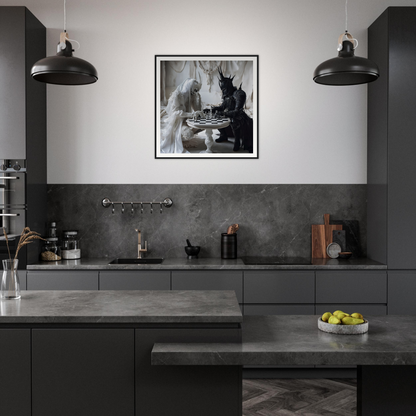 Modern dark gray kitchen featuring Kindled Celestial Dance framed poster and black pendant lights