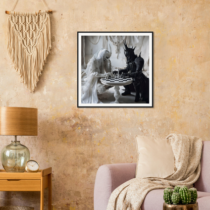 Framed black and white photo of two figures playing chess from Kindled Celestial Dance