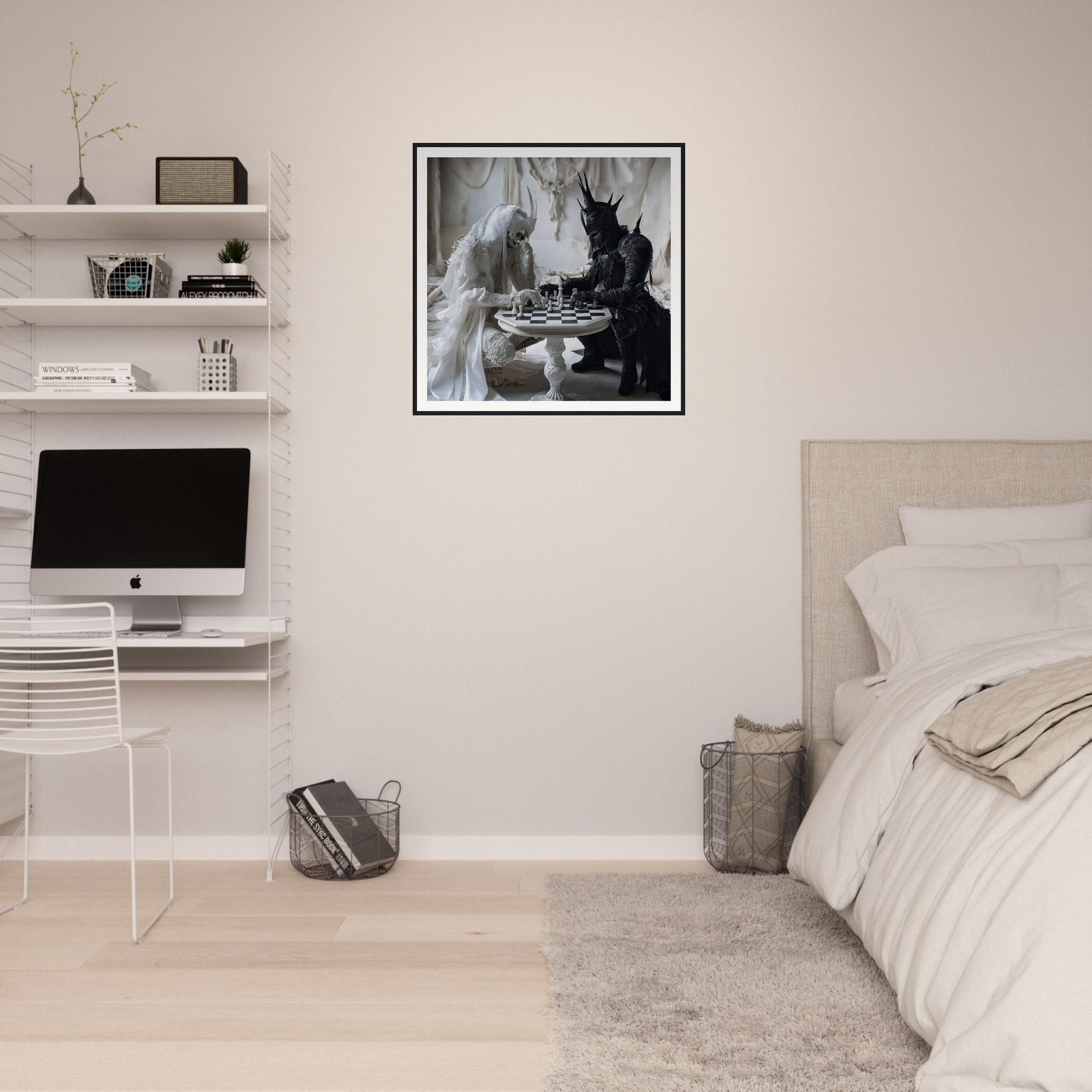Minimalist bedroom with floating shelves, iMac, neutral bedding, and Kindled Celestial Dance