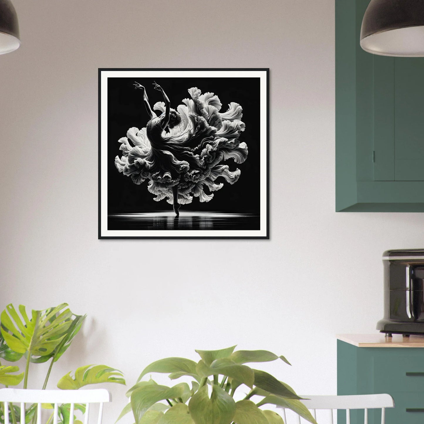 Black and white flowy dancer photo in Kinetic Elegance Reverie, premium pine frame