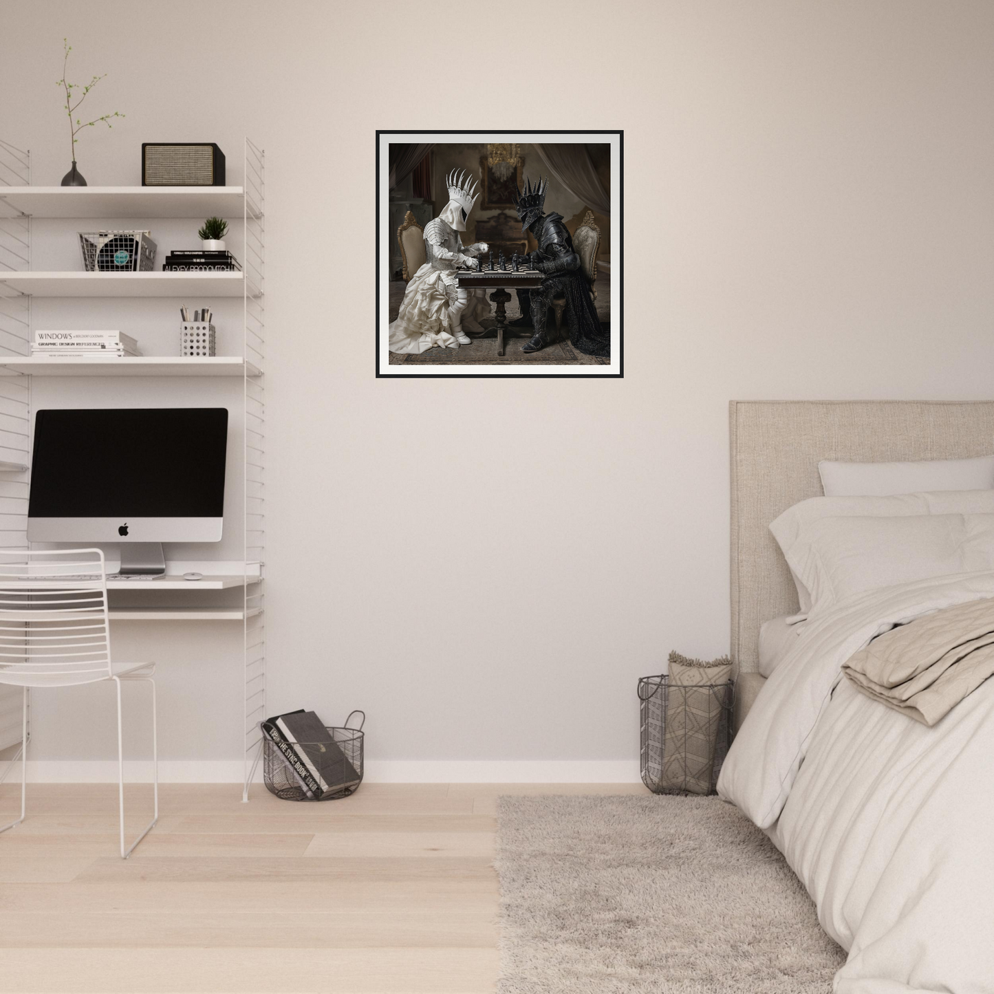 Minimalist bedroom with Kinship Checkmates Cosmos artwork, iMac, and floating shelves