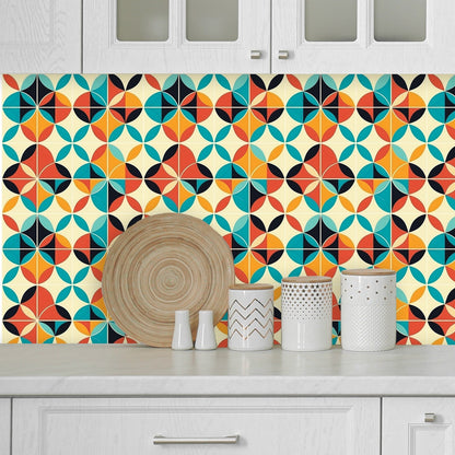 A kitchen backs with a colorful geometric pattern