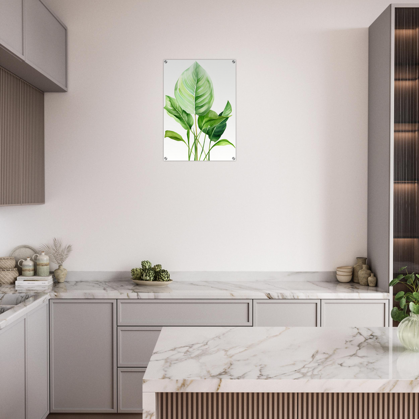 A kitchen with marble counter tops and a marble island