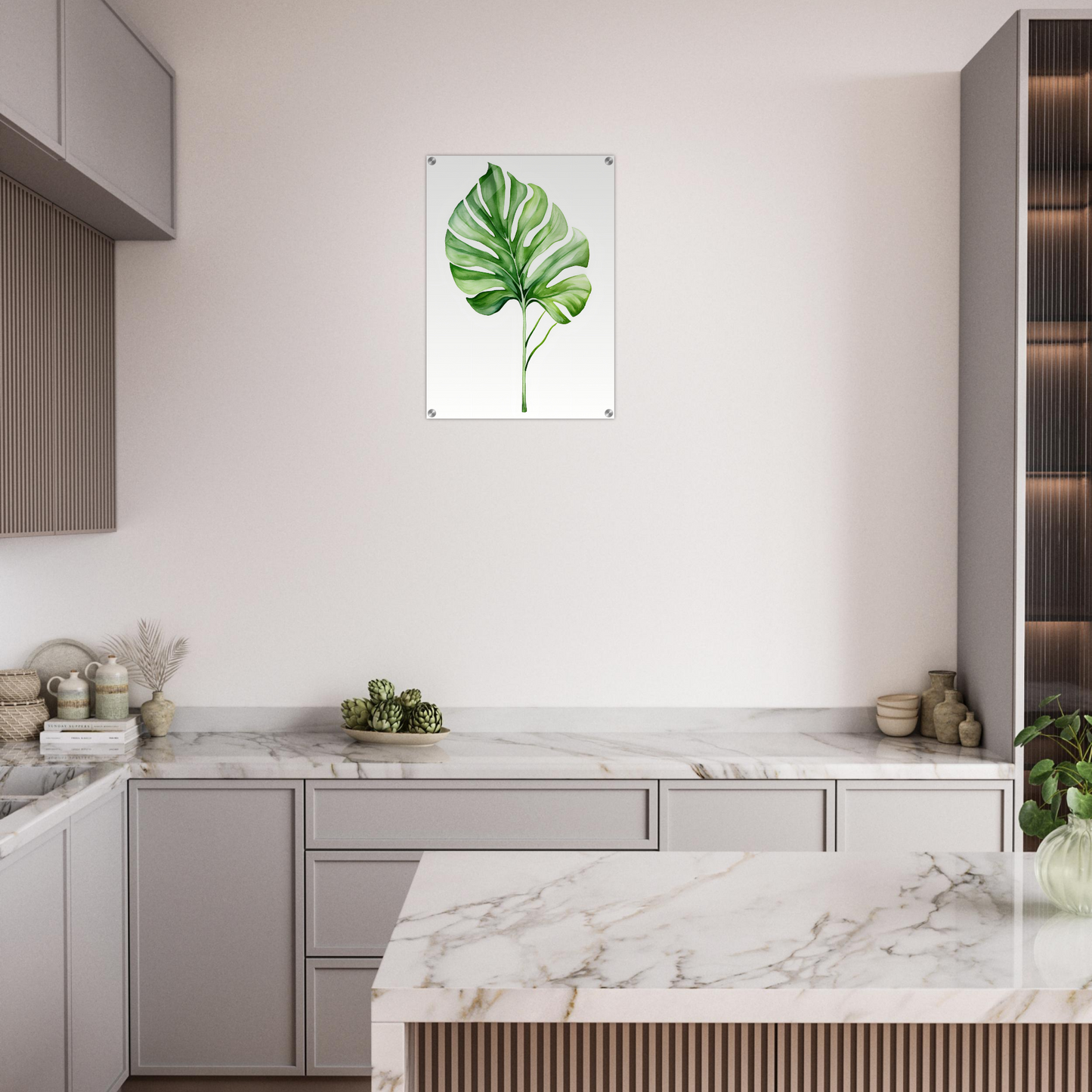 A kitchen with marble counter tops and a white marble island