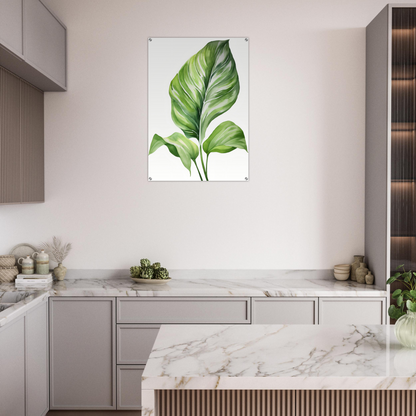 A kitchen with marble counter tops and a large green leaf print on the wall