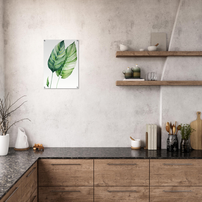 A kitchen with a wooden counter and a large green leaf on the wall