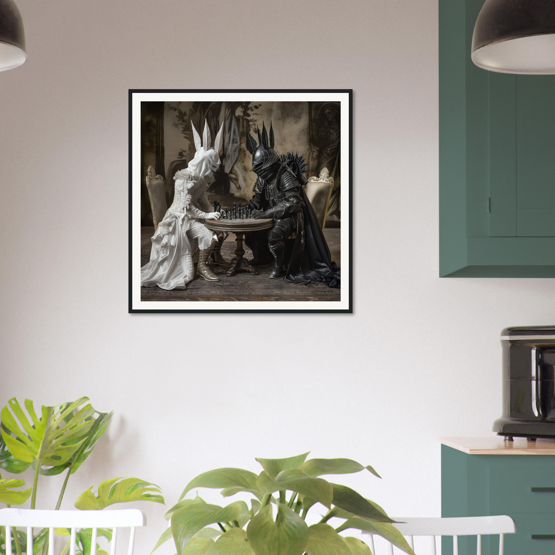 Framed black and white art of two figures in costumes playing chess, Knighted Dreamscapes