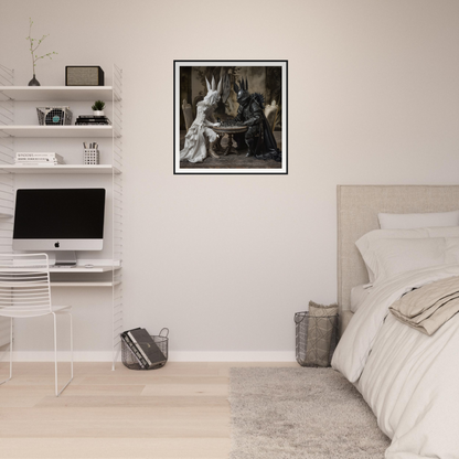 Minimalist bedroom showcasing Knighted Dreamscapes framed posters with floating shelves