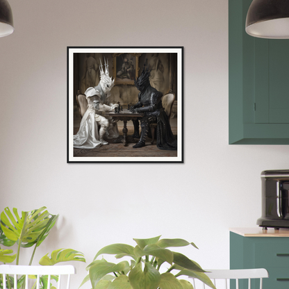 Framed black and white photo of two figures in a Knights’ Cerebral Ballet chess match