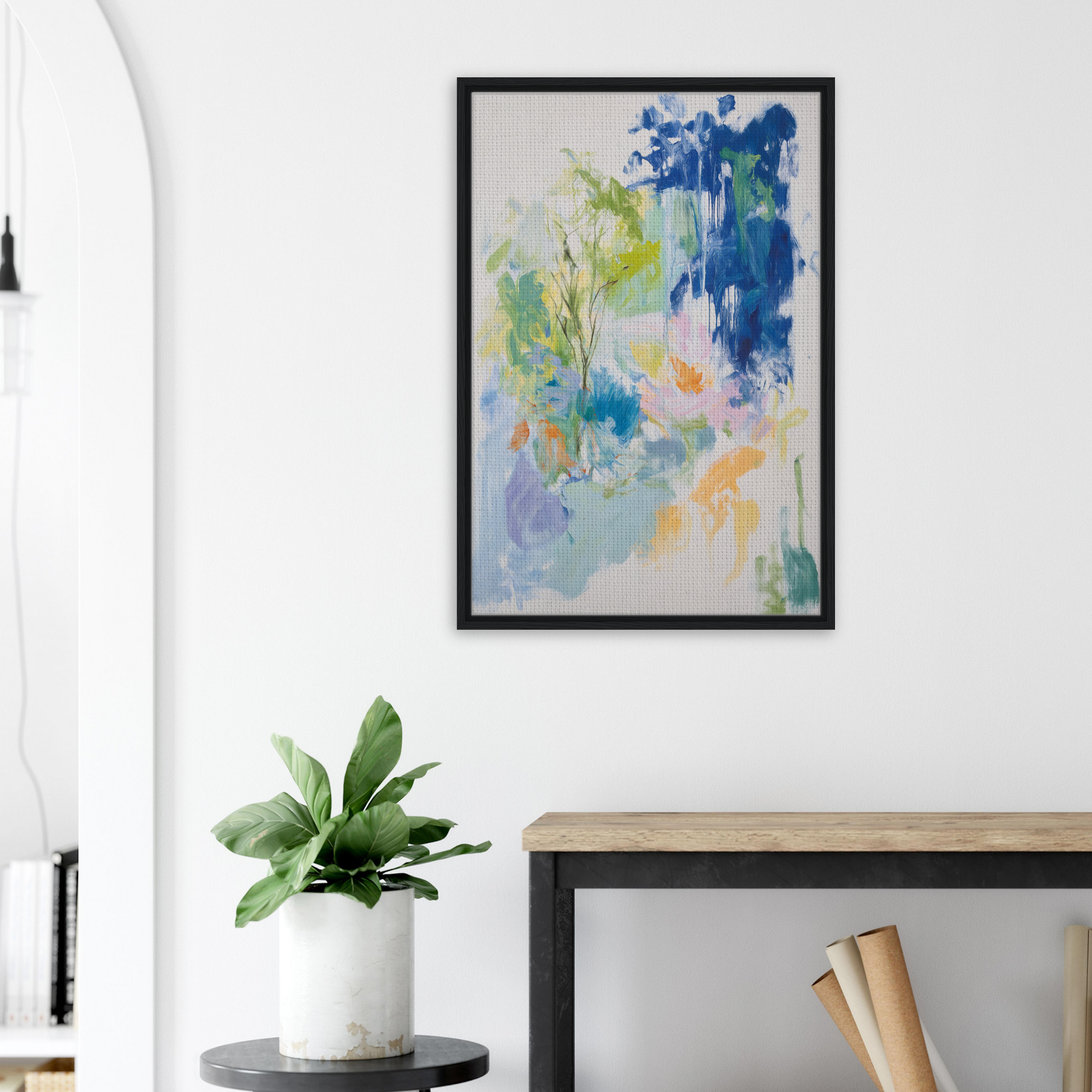 Abstract painting in soft blue, green, and peach tones for Kosmic Painted Continental room decor