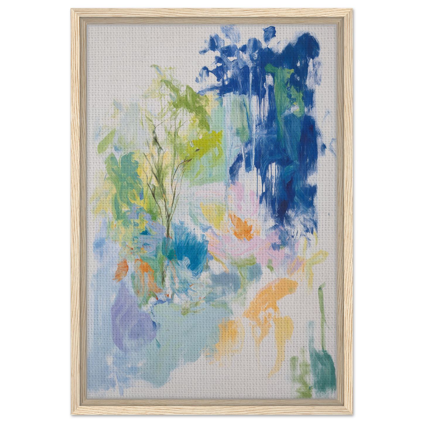 Abstract painting of soft blue, green, and yellow brushstrokes on light background, Kosmic Painted Continental framed canvas print