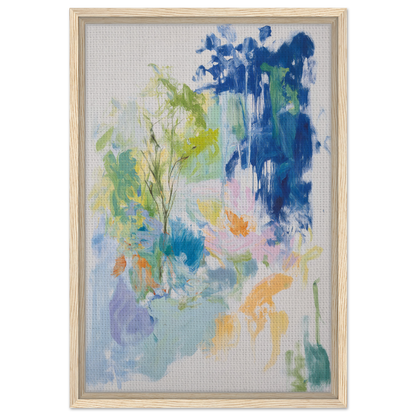 Abstract painting of soft blue, green, and yellow brushstrokes on light background, Kosmic Painted Continental framed canvas print