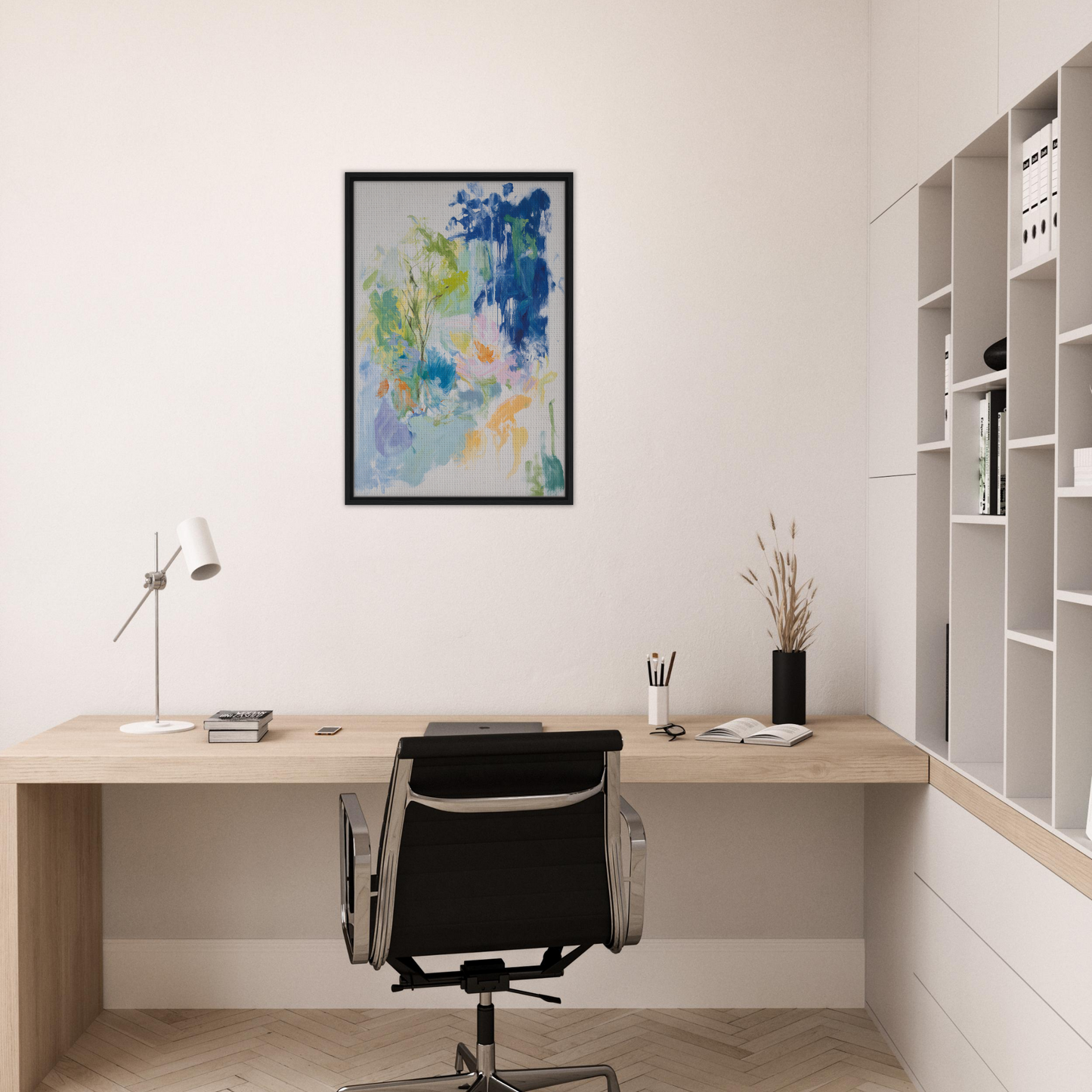 Minimalist home office with Kosmic Painted Continental framed canvas print and sleek furniture