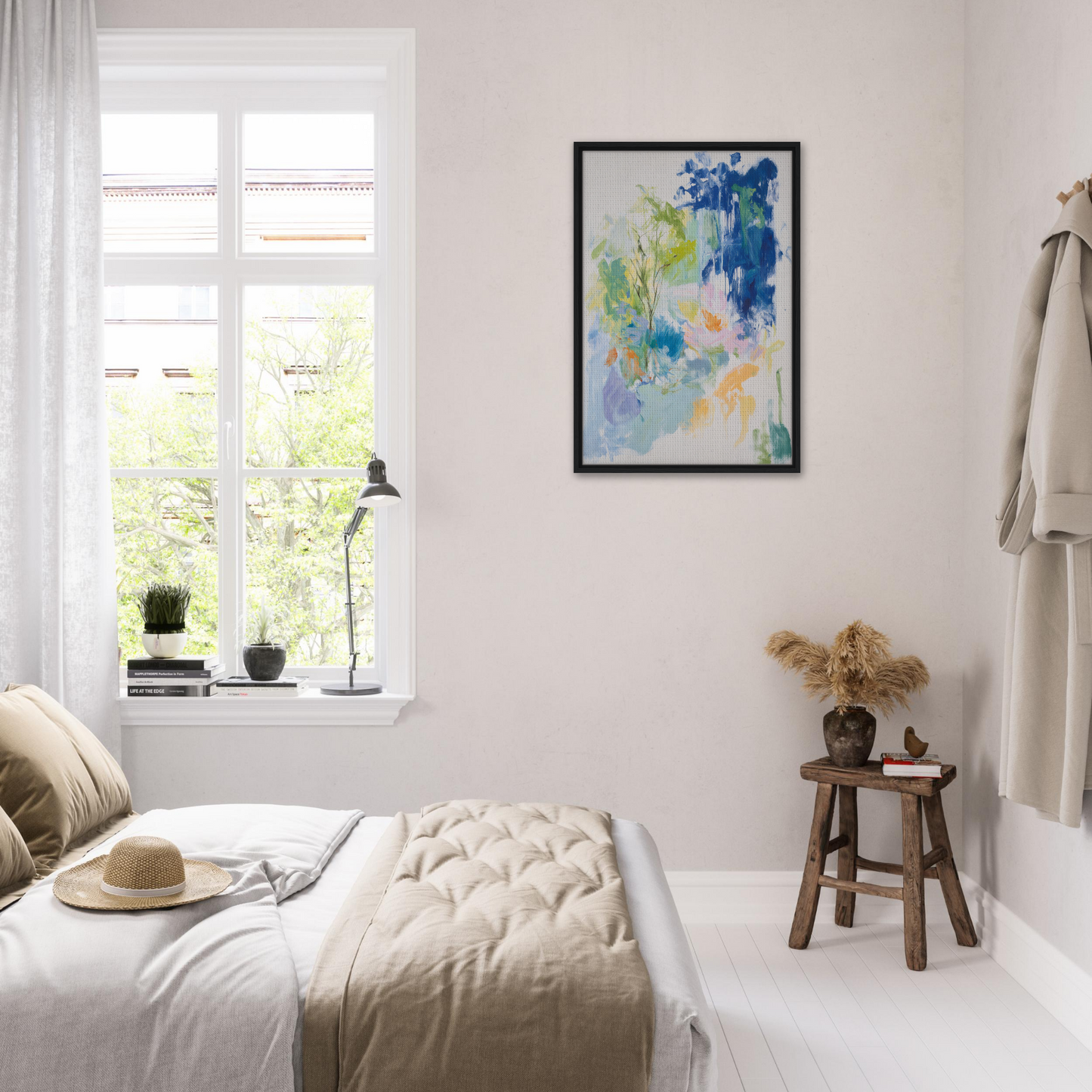 Bright, airy bedroom with white decor and colorful artwork, featuring Kosmic Painted Continental