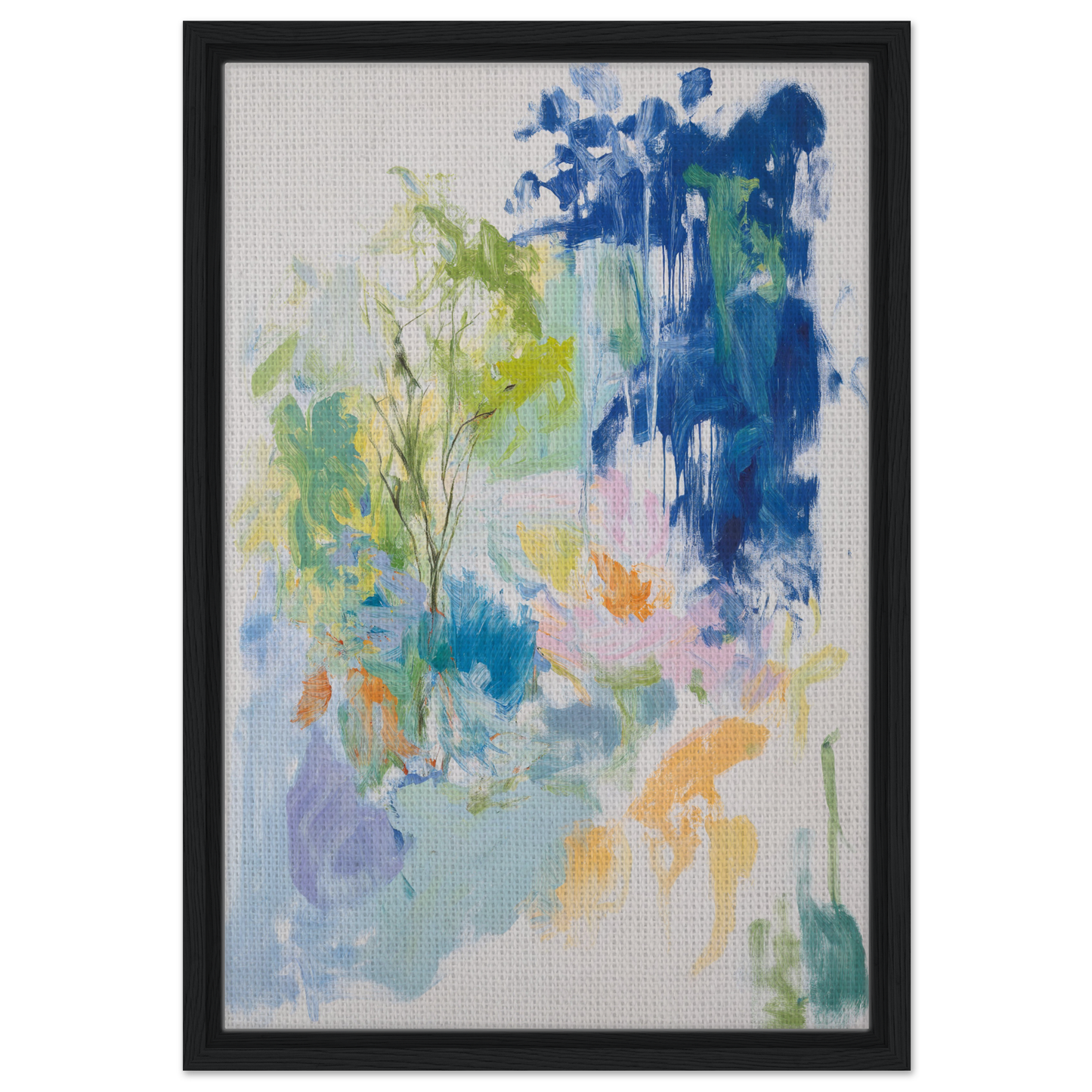 Abstract painting with vibrant blue, green, and yellow strokes for Kosmic Painted Continental room decor