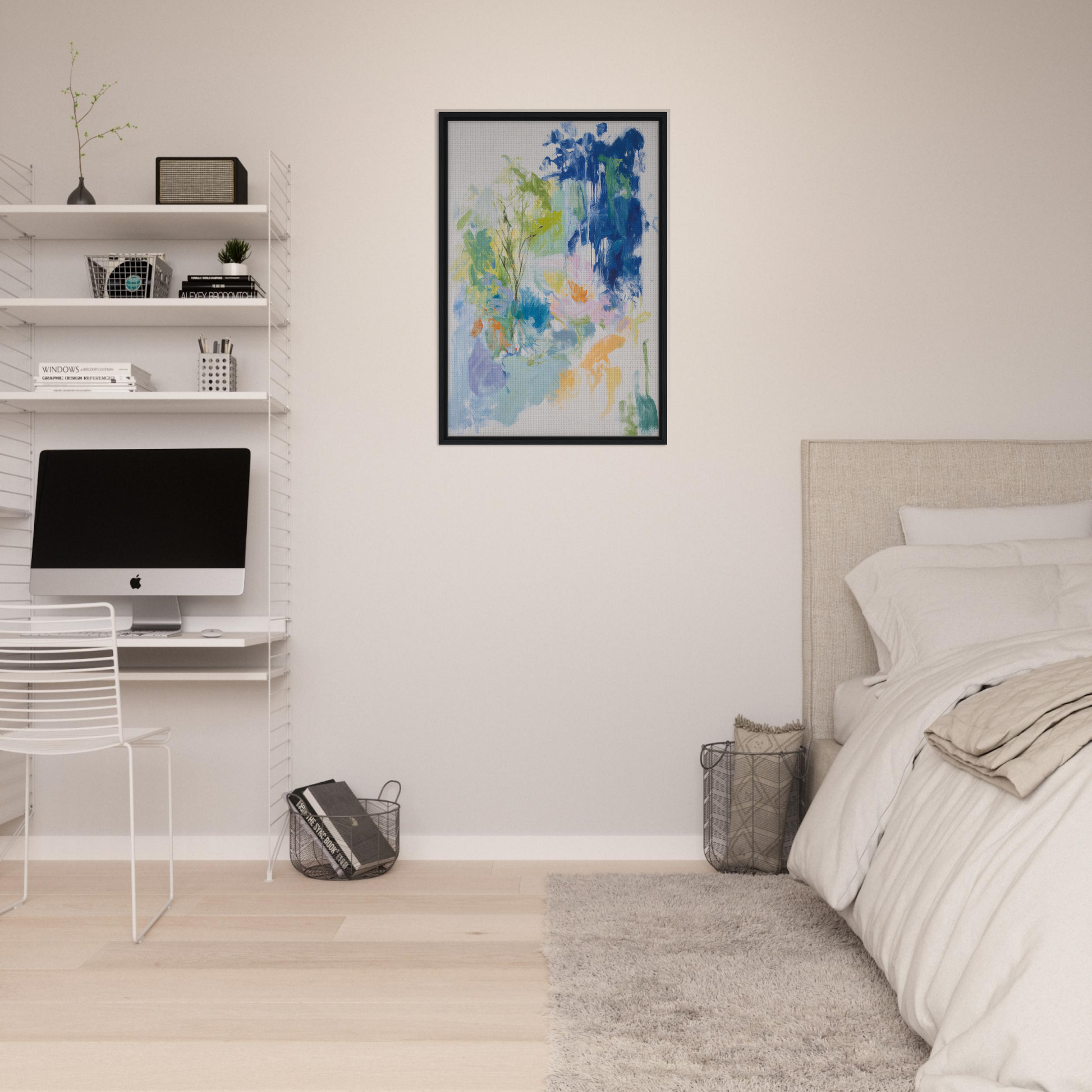 Modern bedroom with minimalist decor featuring Kosmic Painted Continental and framed canvas print