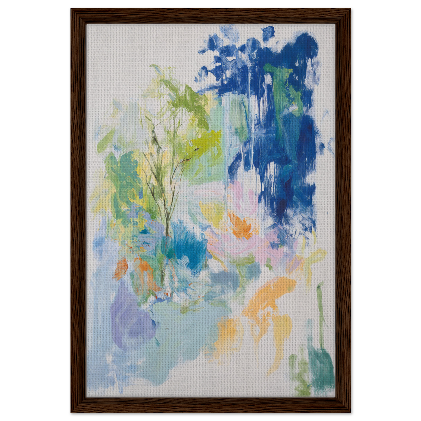 Abstract painting in blue, green, and yellow hues, framed as Kosmic Painted Continental