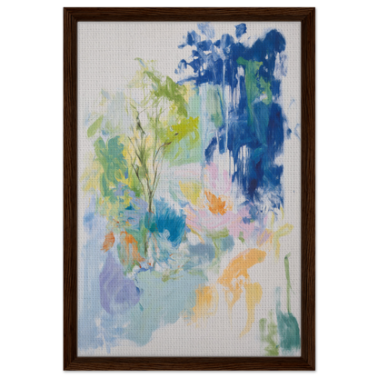 Abstract painting in blue, green, and yellow hues, framed as Kosmic Painted Continental