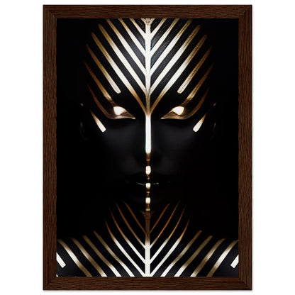 Stylized face with geometric gold and white patterns on a black background.