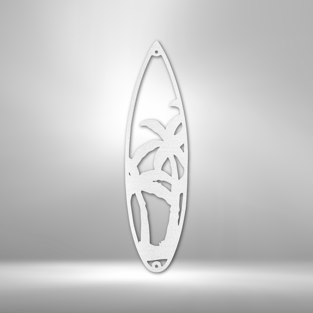 Surfboard-shaped cutout featuring palm tree silhouettes.