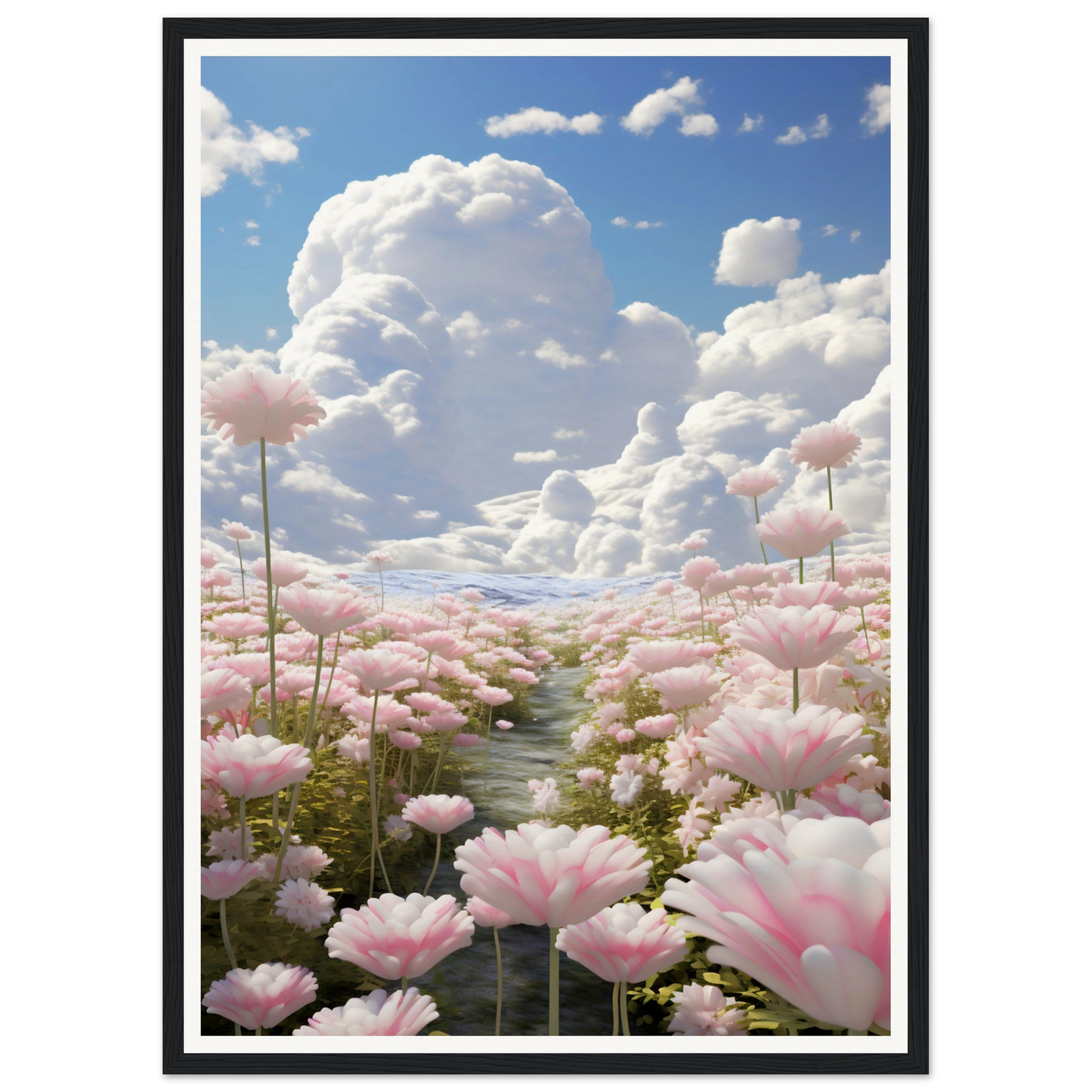 A large poster with pink flowers in the middle of a field