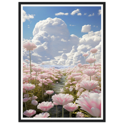 A large poster with pink flowers in the middle of a field