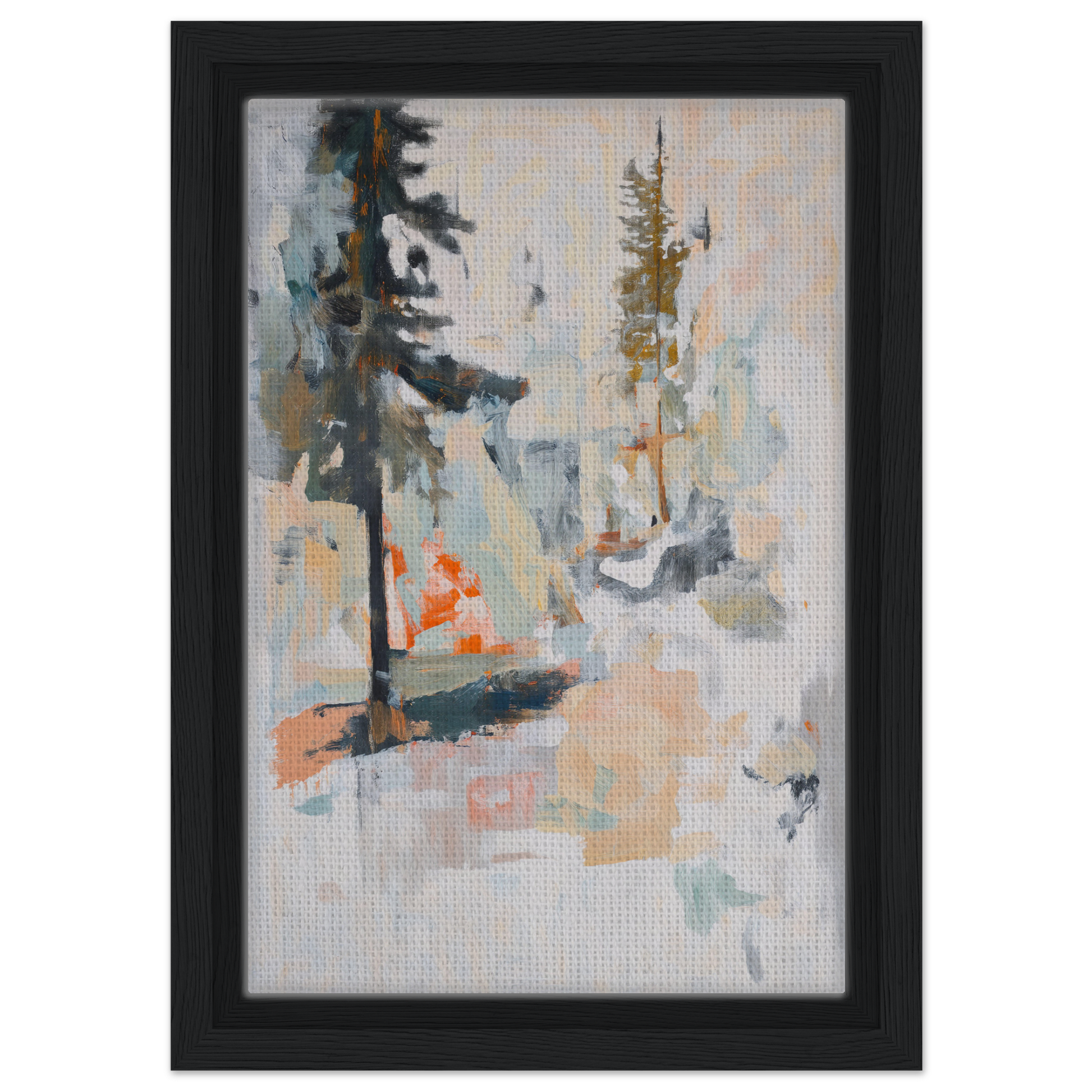 Abstract painting in muted colors suggesting a landscape for Latent Arboreal Dreams framed