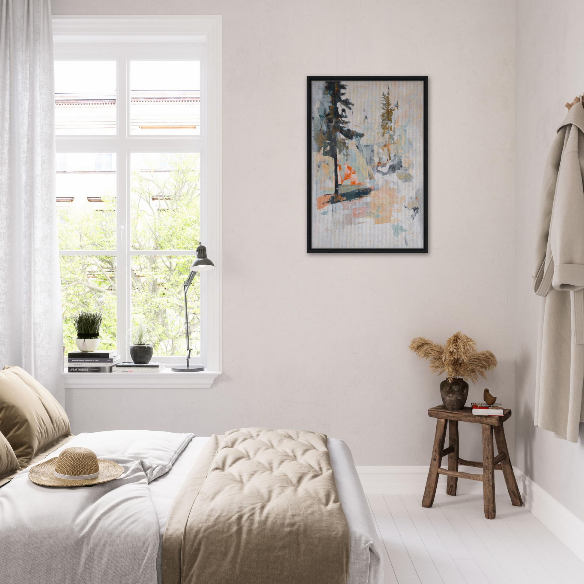 Bright, airy bedroom with minimalist decor showcasing Latent Arboreal Dreams framed canvas print