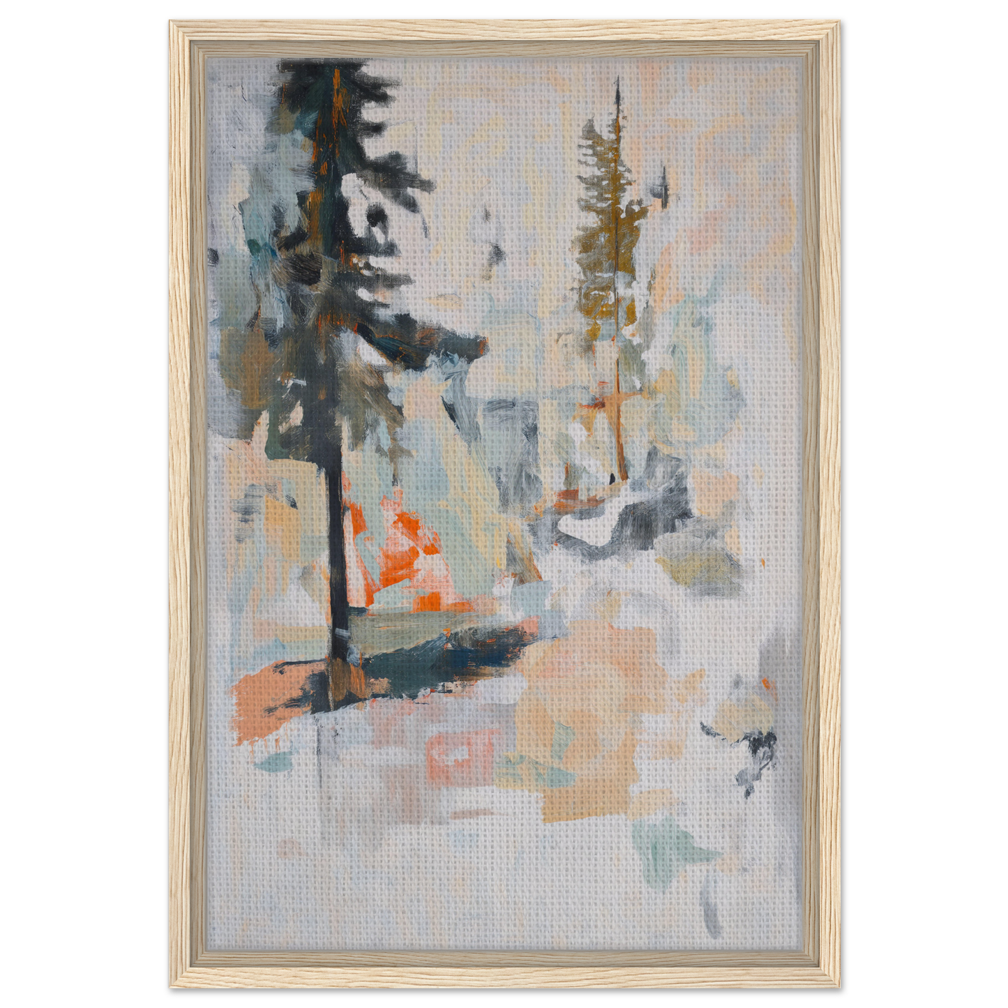 Abstract painting of muted forest elements in orange and teal for Latent Arboreal Dreams