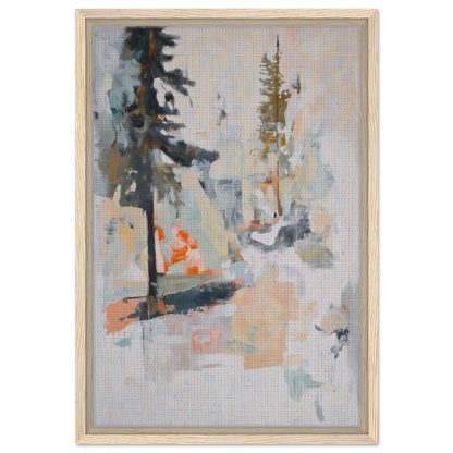 Abstract painting of muted forest elements in orange and teal for Latent Arboreal Dreams