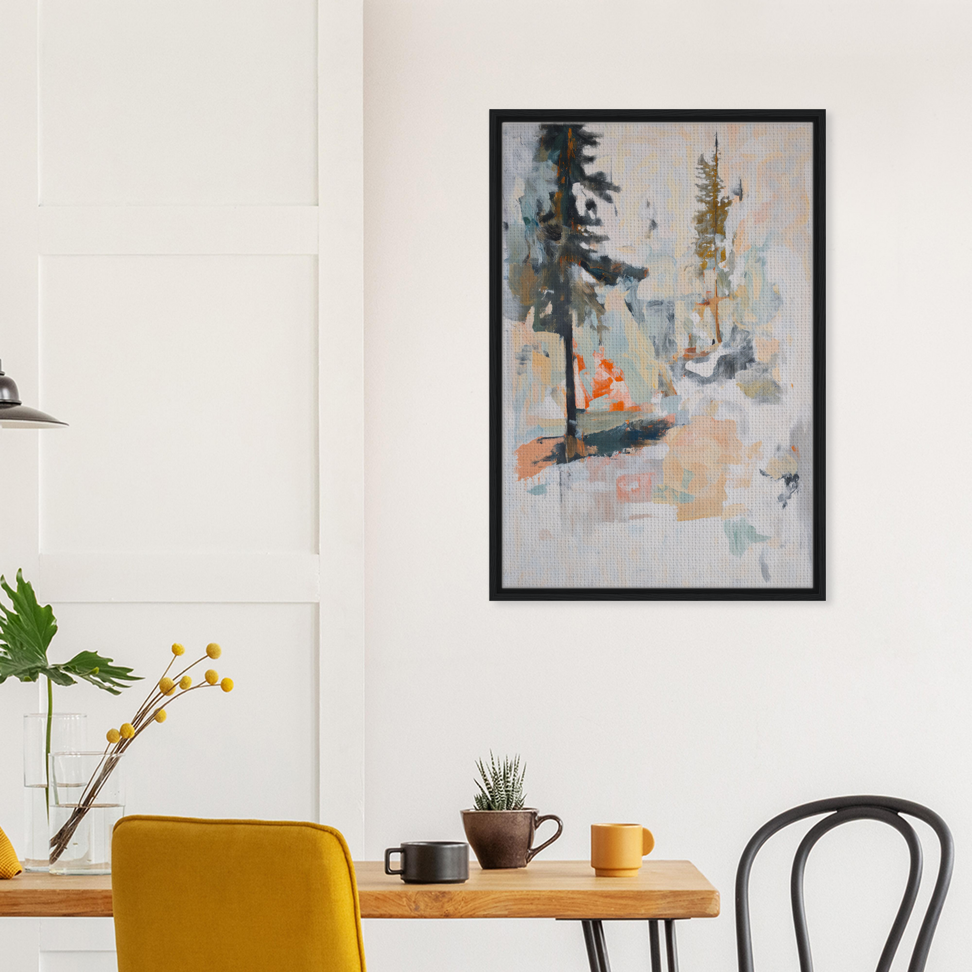 Abstract painting in muted colors titled Latent Arboreal Dreams framed as elegant room decor