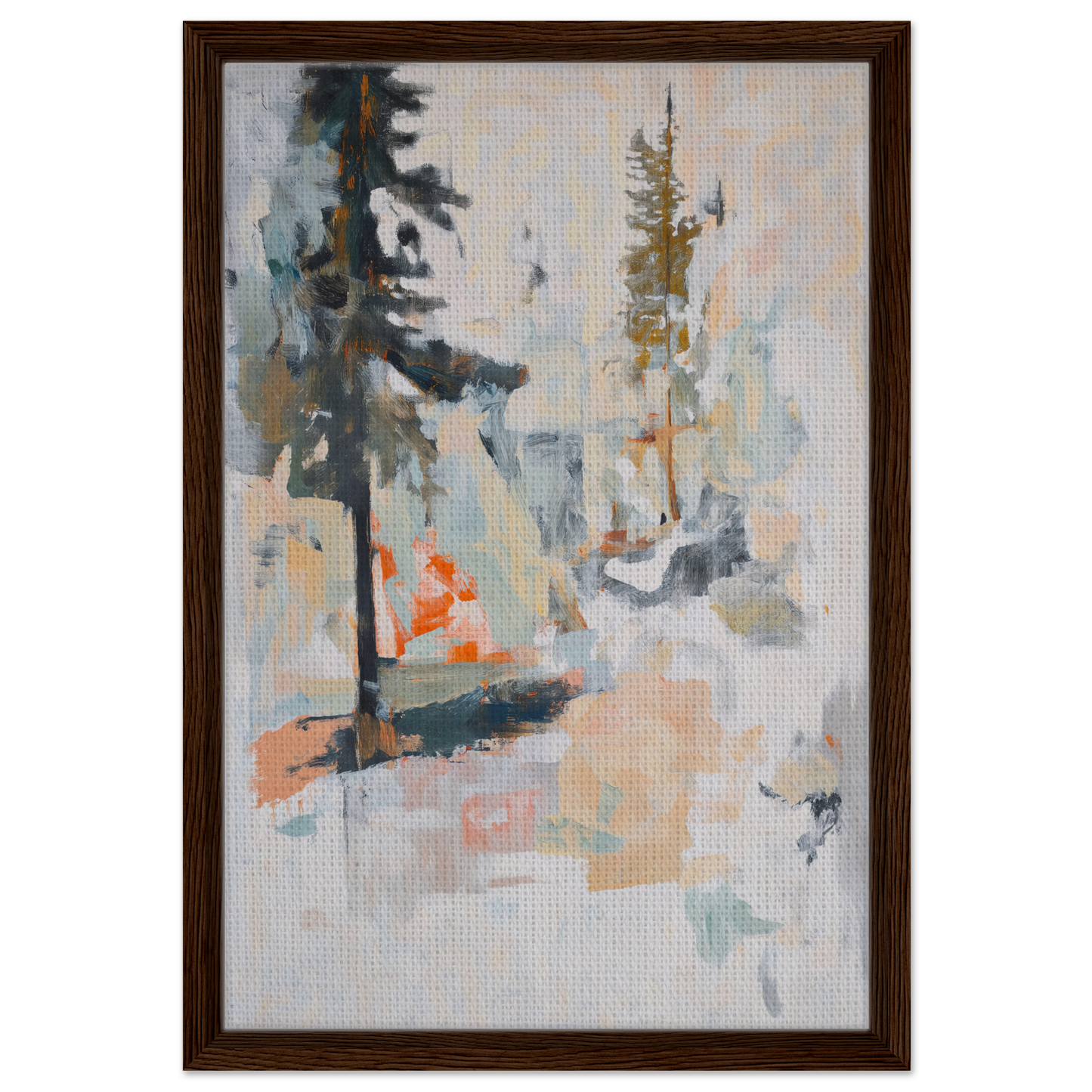 Abstract painting of trees in muted colors with orange, part of Latent Arboreal Dreams