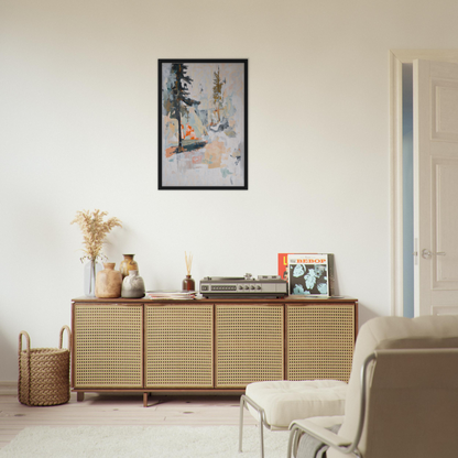 Wooden sideboard with cane-webbed doors enhancing Latent Arboreal Dreams room decor