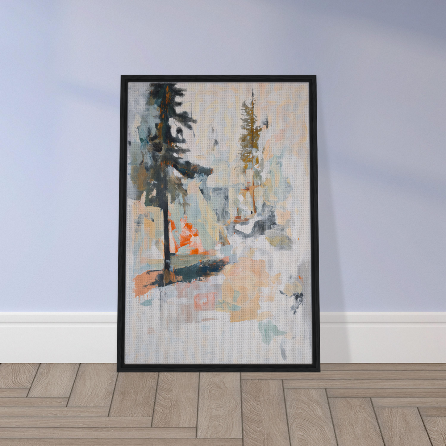 Framed abstract painting titled Latent Arboreal Dreams featuring muted colors and brushstrokes