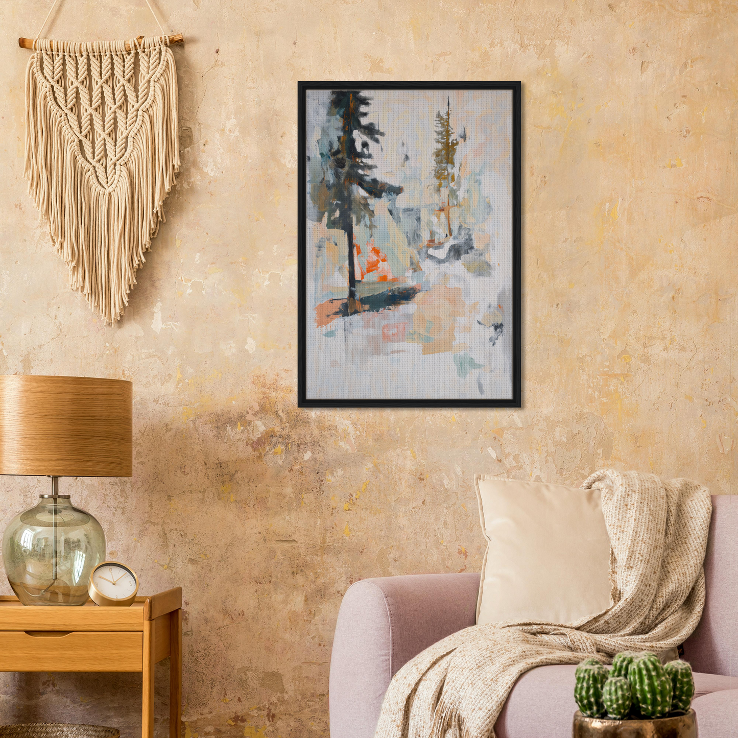 Framed abstract painting titled Latent Arboreal Dreams with muted colors and geometric shapes