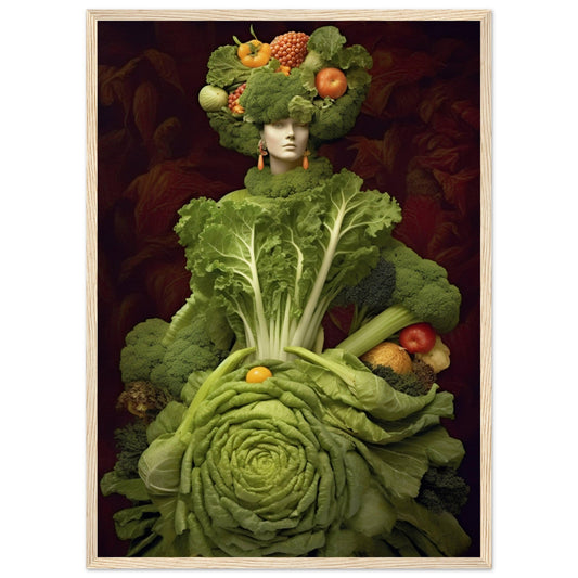 Surreal figure composed entirely of various fruits and vegetables.