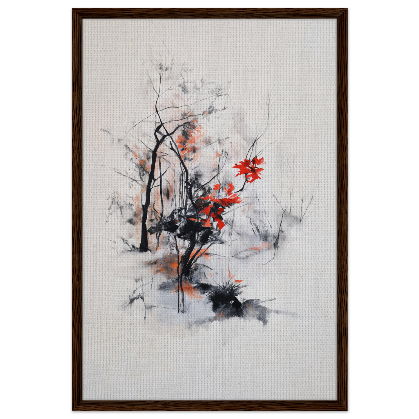 Abstract painting with black brushstrokes and vibrant red, Leafless Whisper Blaze room decor