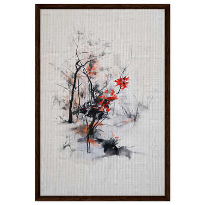 Abstract painting with black brushstrokes and vibrant red, Leafless Whisper Blaze room decor