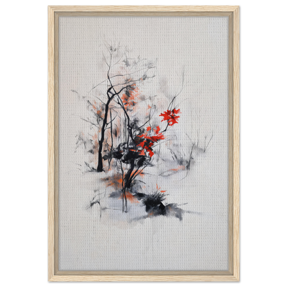 Framed canvas print featuring Leafless Whisper Blaze with delicate black brushstrokes and red splashes