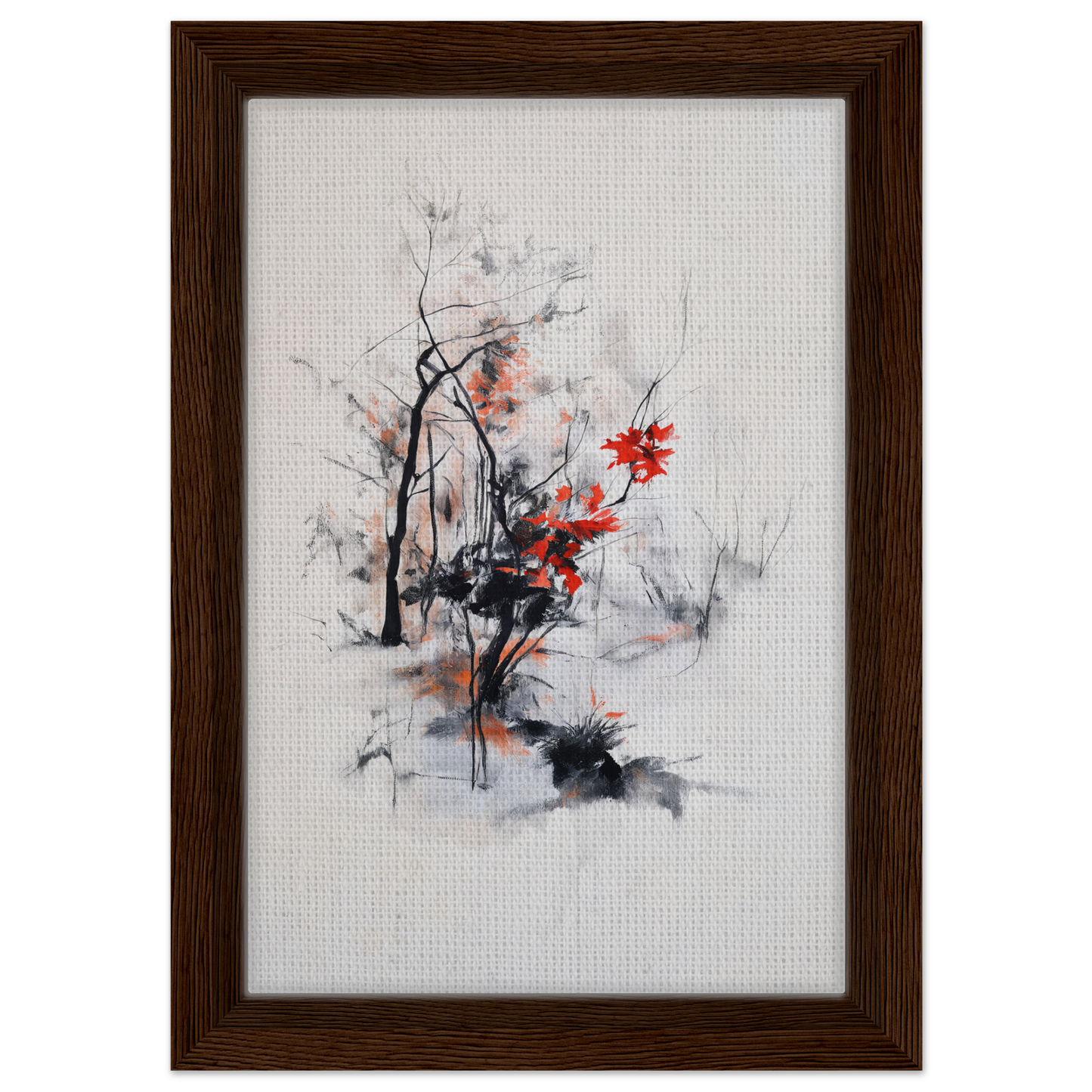 Framed abstract painting Leafless Whisper Blaze with tree forms in red and black for room decor