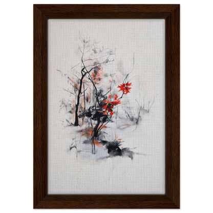 Framed abstract painting Leafless Whisper Blaze with tree forms in red and black for room decor