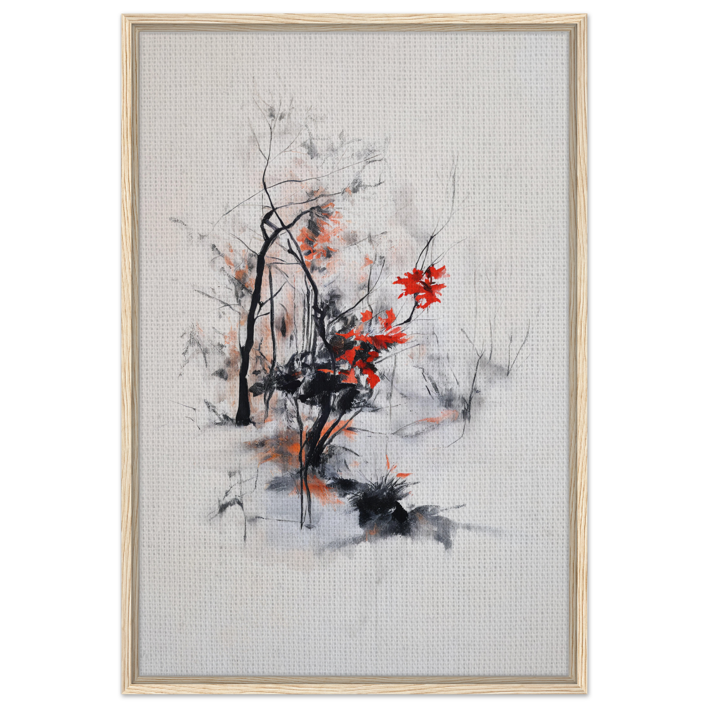 Abstract painting with black brushstrokes and red accents in Leafless Whisper Blaze art