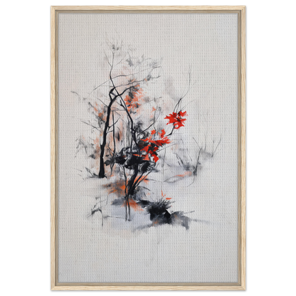 Abstract painting with black brushstrokes and red accents in Leafless Whisper Blaze art