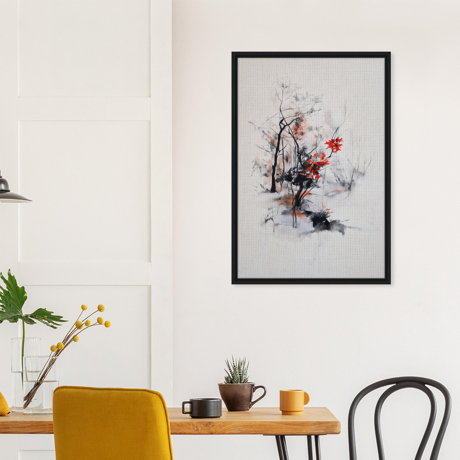 Framed canvas print of Leafless Whisper Blaze with delicate lines and red splashes