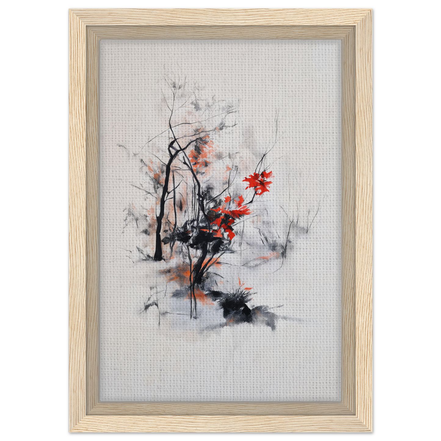 Framed canvas print of Leafless Whisper Blaze with delicate black, gray, and red brushstrokes