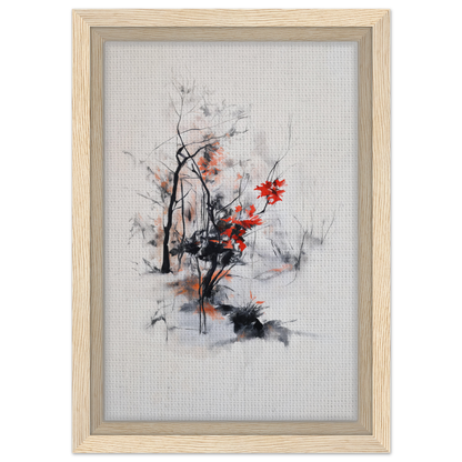 Framed canvas print of Leafless Whisper Blaze with delicate black, gray, and red brushstrokes