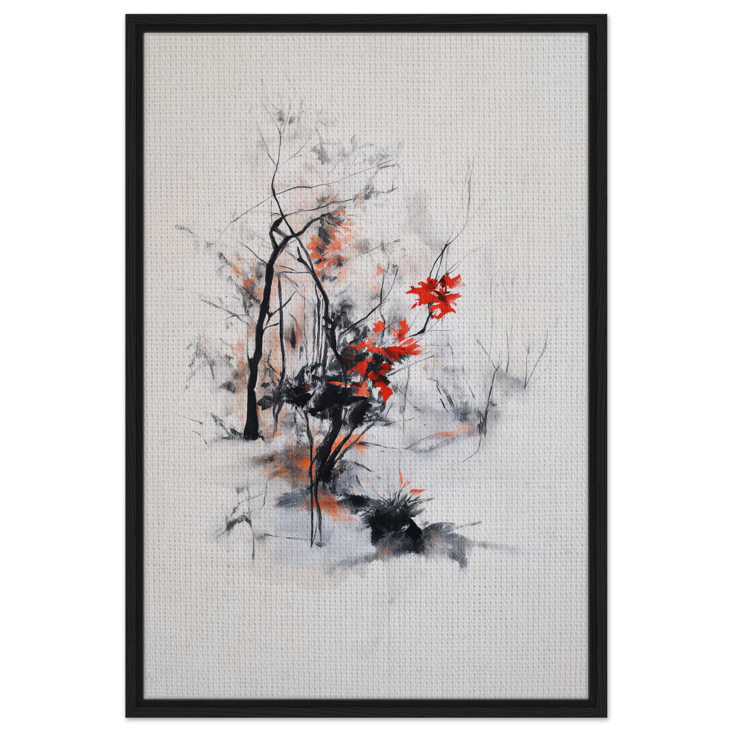 Abstract painting with black brushstrokes and red splashes, perfect for Leafless Whisper Blaze room decor