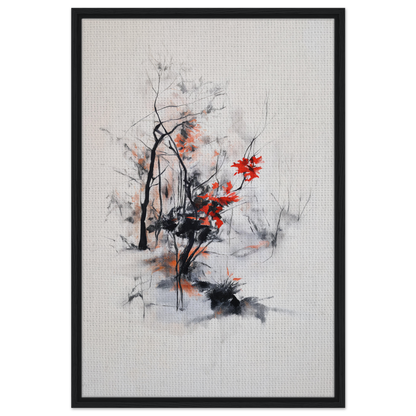 Abstract painting with black brushstrokes and red splashes, perfect for Leafless Whisper Blaze room decor