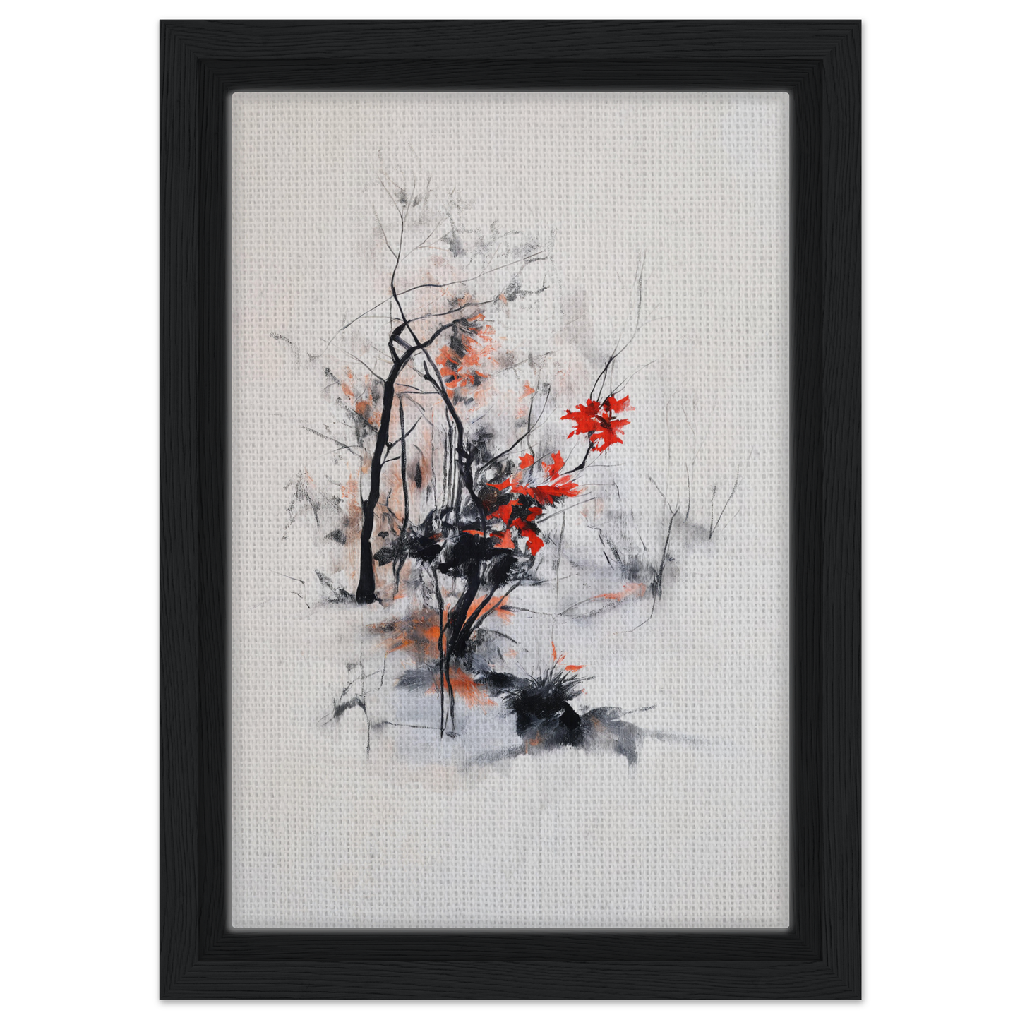 Abstract painting with black lines and red splashes in Leafless Whisper Blaze framed canvas print