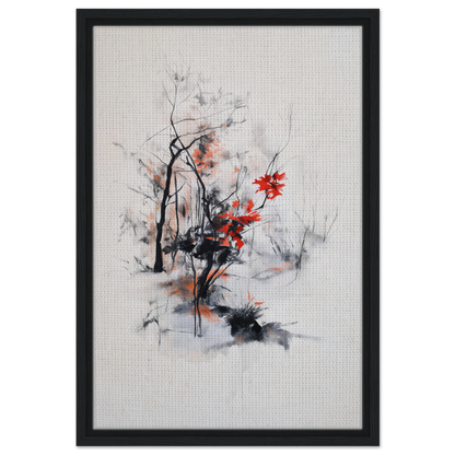 Abstract painting with black brushstrokes and vibrant red for Leafless Whisper Blaze framed canvas print